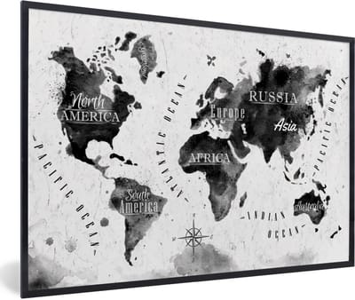 Poster in lijst - Fotolijst 90x60 cm - Posters - Wereldkaart - Waterverf - Zwart - Wit - Posterlijst zwart - Decoratie - Wanddecoratie woonkamer - Muurdecoratie slaapkamer