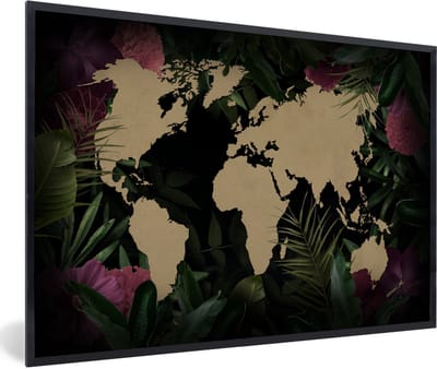 Poster in lijst - Fotolijst 90x60 cm - Posters - Wereldkaart - Bloemen - Bladeren - Posterlijst zwart - Decoratie - Wanddecoratie woonkamer - Muurdecoratie slaapkamer