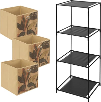Kastmandjes/opberg manden - beige/print - 3x stuks van 29L - Metalen rekje is 34 x 98 cm