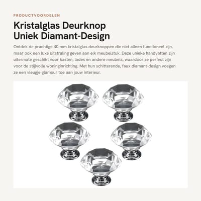 Dailygoods- Deurknoop 40 mm - Kristalglas - Zink legering - 5 Stuks - Faux diamant-design - Geschikt voor ladedeuren/kastdeuren - Kastknop