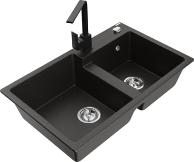 Mexen Tomas granieten gootsteen met 2 kamers en keukenkraan Rita, zwart/goud metallic - 6516-75-670300-70