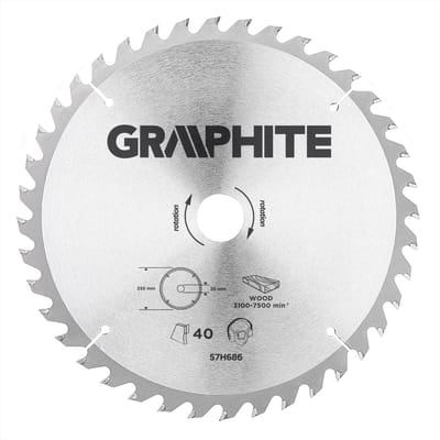 Graphite 57H686 Circelzaagblad voor Hout 255mm, Asgat 30mm, Tanden 40, Dikte 3,2, Vulringen 16/20/25, TCT