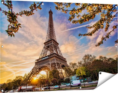 Gards Tuinposter Eiffeltoren in Parijs tijdens Zonsondergang - 120x80 cm - Tuindoek - Tuindecoratie - Wanddecoratie buiten - Tuinschilderij
