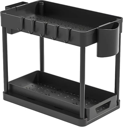 Dailygoods - Keukenkast organizer, 2-laags uittrekbare keuken onder de gootsteen organisator, schuivende lade keukenkast plank organizer, voor badkamer keuken (zwart)