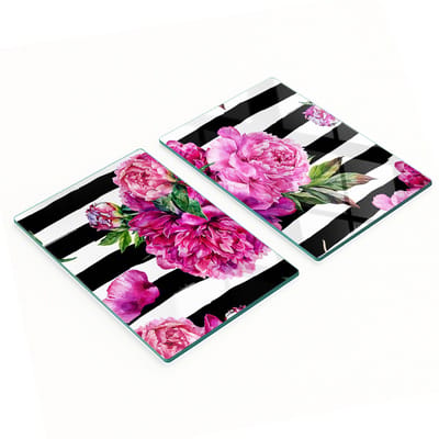 Decoratieve glazen snij- en serveerplanken met roze pioenrozenmotief, 2x40x52 cm