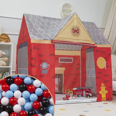Selonis Speeltent Brandweerkazerne Met 100 Ballen Opvouwbaar Voor Kinderen Realistisch Ontwerp Duurzaam En Veilig Makkelijk Te Monteren Binnen En Buiten, Rood-Grijs:Zwart/Wit/Rood/Babyblauw
