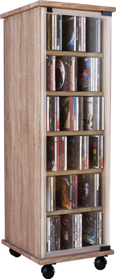 Houten CD DVD-standaard Legbord Staand legbord Zwenkwielen Valenza glazen deur