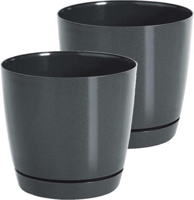 Prosperplast Plantenpot/bloempot met opvangschaal - Set van 2x stuks - kunststof - antraciet D14 x H13 cm - binnen/buiten