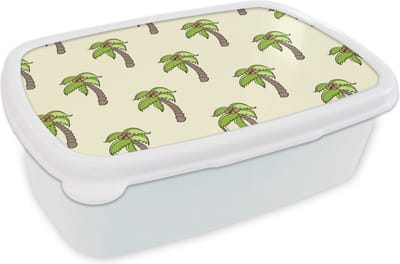 Broodtrommel Wit - Lunchbox - Brooddoos - Palmboom - Patronen - Kokosnoot - Tropisch - 18x12x6 cm - Volwassenen