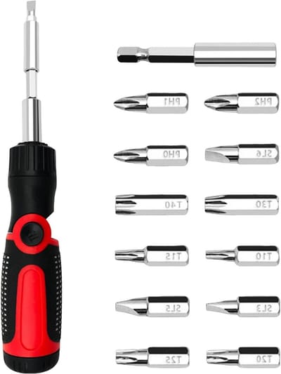 Ratelschroevendraaier - Multigereedschap - Klus Klussen - Geïntegreerd Bit Magazijn - 22.5 cm Lengte - Grijs