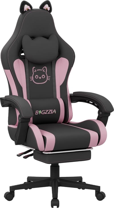 BIGZZIA Gaming stoel - gamingstoel met massagefunctie - 90-135° Verstelbare Rugleuning - 130kg Belastbaarheid - 360° Draaibaar - hoofdkussen en lendenkussen - voetensteun - zwart en roze