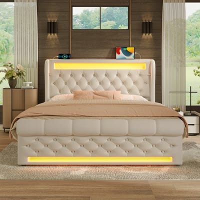 VVBV Modern Gestoffeerd Tweepersoonsbed 160x200 cm - Fluweel Bed met LED-Verlichting, USB/Type-C, Hydraulische Opbergruimte - Beige