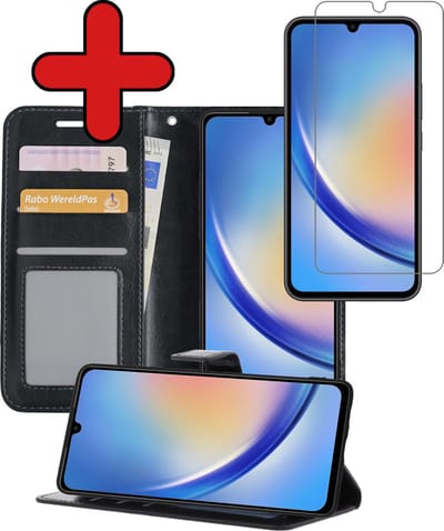 Hoesje - Met Screenprotector - Geschikt voor Samsung Galaxy A34 - Luxe Pasjeshouder - Flipcase - Bookcase Portemonee - Flip Case - Kunstleer Book Case - Book Cover - Walletcase - Portemonneehoes - Telefoonhoes - Zwart