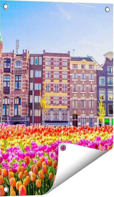 Gards Tuinposter Amsterdamse Huisjes met Tulpen - Kleur - 40x60 cm - Tuindoek - Tuindecoratie - Wanddecoratie buiten - Tuinschilderij