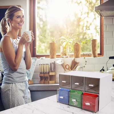 Famanu - Witte kunststof thee- en koffie-organizer met stapelbare lades, ruimtebesparende opbergbox voor keuken of werkplek