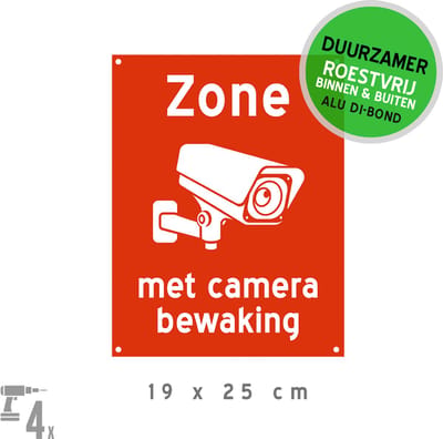 Pictogram/ bord Dibond + boorgaten | "Zone met camerabewaking" | 19 x 25 cm | Duurzaam | CCTV | Toezicht | Camera bewaking | Rood | Roestvrij | 1 stuk