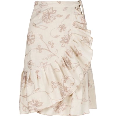 Ecru Geborduurde Bloemen Wikkel Ruffle Rok