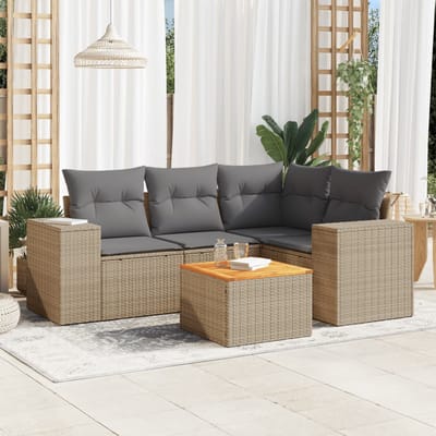 vidaXL - 5-delige - Loungeset - met - kussens - poly - rattan - beige