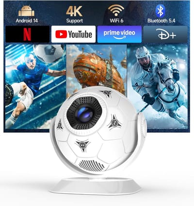 Mini Beamer - Projector - 4K Ondersteuning - Voetbal Design - Wifi 6 & Bluetooth 5.4 - Mini Beamer voor Mobiel - 360 Graden Draaibaar - Thuisbioscoop - Outdoor - Auto Keystone - Draagbare Projector - Short Throw - Wit/Zwart