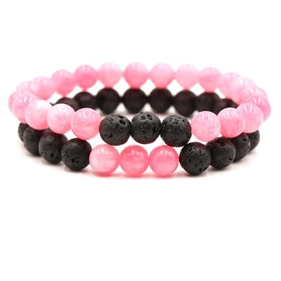 Bixorp Gems Dubbele Natuursteen Armband voor Man & Vrouw - Lichtroze/Zwart contrast - Edelsteen Armband Cadeau - Lavasteen - 18cm