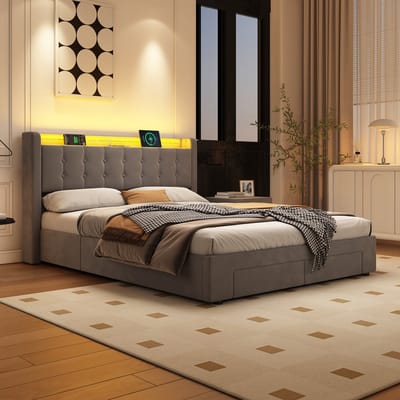 REDOM Bedframe 140x200 cm – Houten frame met LED-verlichting en afstandsbediening – Donkergrijs