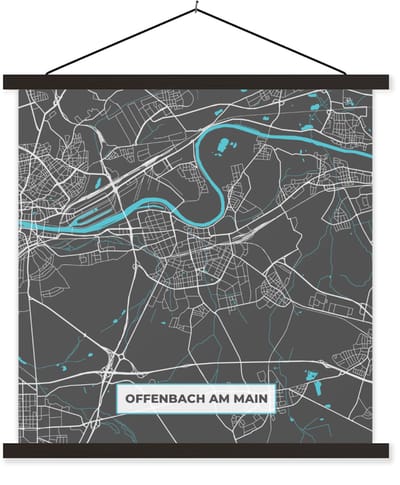 Posterhanger incl. Poster 60x60 cm - Schoolplaat - Kaart – Plattegrond – Stadskaart – Offenbach am Main – Duitsland – Blauw - Textielposter - Zwarte latten - Stadskaart
