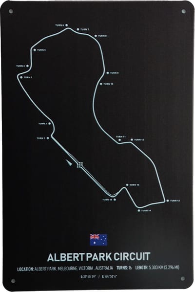 Wandbord – Albert park Circuit - Metalen wandbord - Wandborden – Formule 1 - Metalen bord - Mancave - Mancave decoratie - Tekst bord - Retro - Metal sign - Bar decoratie - Decoratie - Metalen borden - Cadeau - UV bestendig - 20 x 30cm - Cave & Garden
