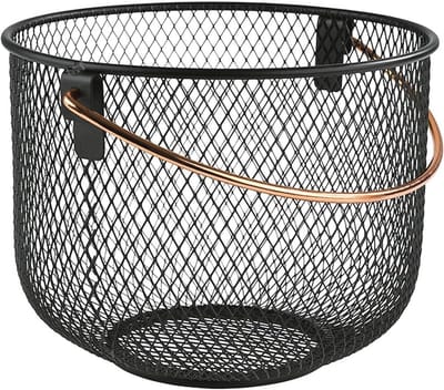 Stijlvolle Zwarte Brood- en Fruitmand met Koperlook Handvat - Ø 21 cm, 16,5 cm Hoogte