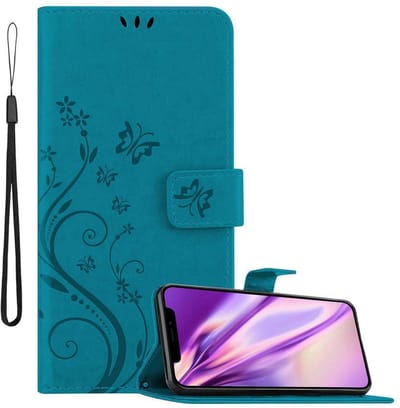 Cadorabo Hoesje geschikt voor Apple iPhone X / XS in BLOEMEN BLAUW - Beschermhoes in bloemmotief met magnetische sluiting, standfunctie en kaartsleuven Book Case Cover Etui