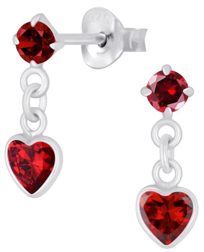 Joy|S - Zilveren hartje bedel oorbellen - rood - oorknoppen met hartje - 4 x 13 mm - zirkonia - sterling zilver 925 - kinderoorbellen