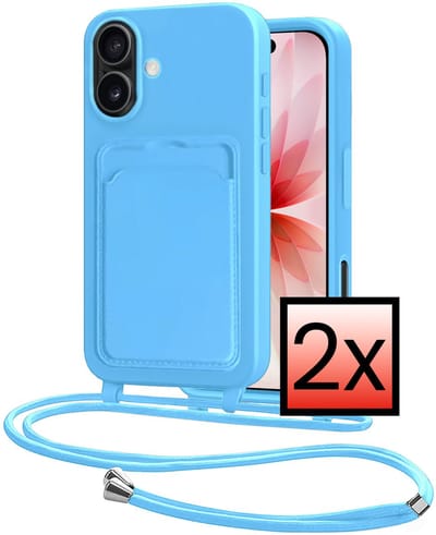 Hoes Geschikt voor iPhone 17 Hoesje Pasjeshouder Cover Met Koord Case Siliconen Hoes Met Telefoonkoord en Kaarthouder - Lichtblauw - 2 PACK