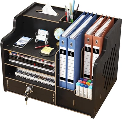 Houten Bureau Organizer, Opbergdoos voor Bureau, Efficiënt Opslagsysteem 39 x 29 x 28 cm (Zwart - Extra Stevig)