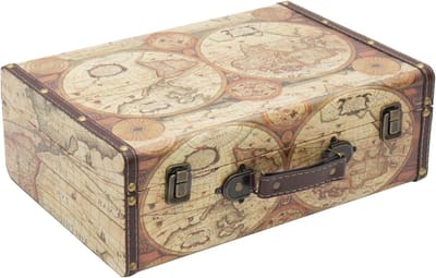 Vintage Houten Decoratieve Koffer, Opbergdoos met Deksel en Leren Handvat, Stijlvolle Opbergoplossing voor Verjaardag en Huwelijk | Wereldkaart Design | 38 x 26 x 13 cm, Uniek Cadeau en Interieuraccessoire