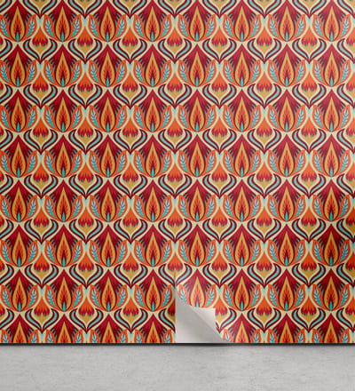 ABAKUHAUS Retro Peelable & Adhesive Behang voor thuis, Repeating Curvy Floral, Zelfklevende Woonkamer Keuken Accent, 33 cm x 90 cm, Oranje Blauw