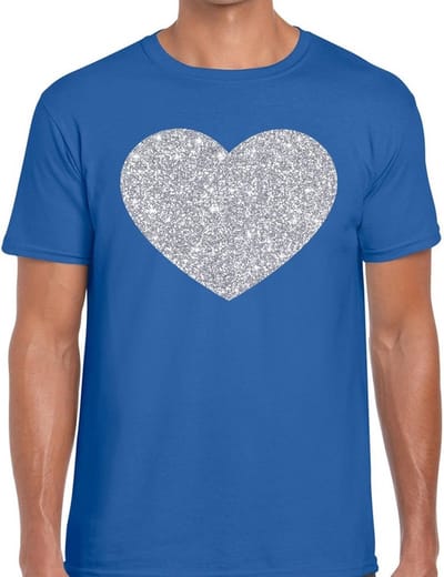 Glitter and Glamour hartje print - in het zilver - t-shirt in het blauw - voor heren - Love - Vrijgezellenfeest - Foute Party S