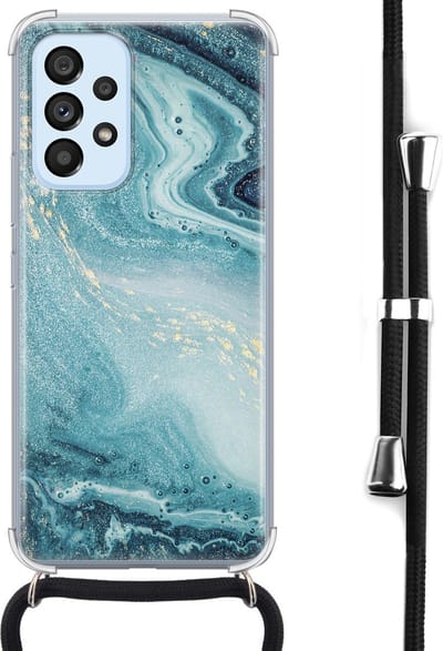 Hoesje met koord - Geschikt voor Samsung Galaxy A53 - Marmer blauw - Verstelbaar zwart koord - Crossbody - Marmer - Transparant, Blauw - Leuke Telefoonhoesjes