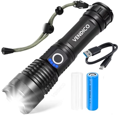 Vendico - Zaklamp op batterijen - led oplaadbaar - noodpakket - militaire zaklamp - waterdicht - USB-C oplaadbaar - 5500 Lumen