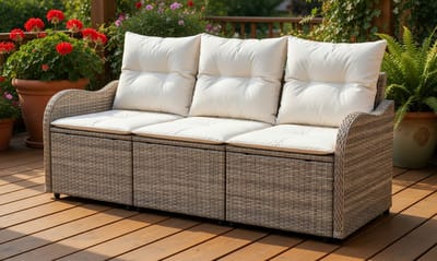 Rotan tuinbank loungeset 3-delig modulair – 176×62×85 cm – wicker tuinset met opbergruimte & kussens – weerbestendig polyrotan sofa set voor balkon, terras & tuin – Beige And White– Urbanhome