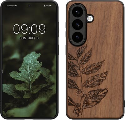 kwmobile telefoonhoesje geschikt voorSamsung Galaxy S26 - Hoesje met bumper - hout - In donkerbruin Bladertak design