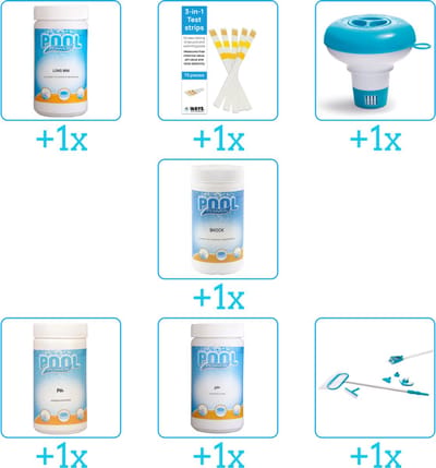 Zwembad Onderhoudspakket - Onderhoud Zwembad - bevat Chloor - Testrips - Chloordrijver - Chloor - PH-min - PH-plus en Schoonmaakset (7-delig)