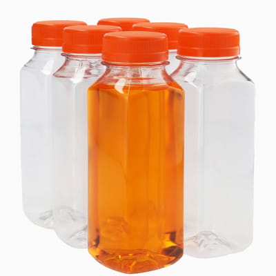 6 x Sapfles Plastic 250 ml - Vierkant - PET Flessen met Dop oranje- PET Kunststof BPA-vrij - Plastic Flessen Navulbaar - Met Dop - Lege Flessen - 6 stuks