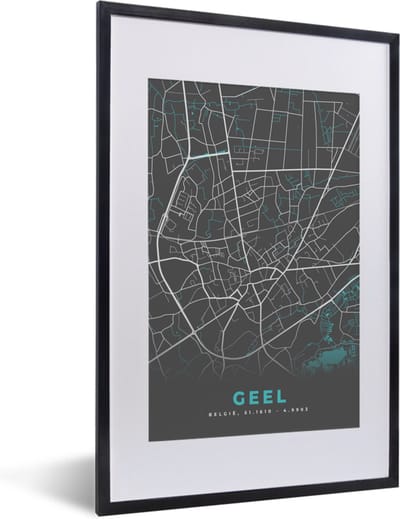 Fotolijst incl. Poster - Kaart – Plattegrond – Stadskaart – Geel – België - Grijs - 40x60 cm - Posterlijst