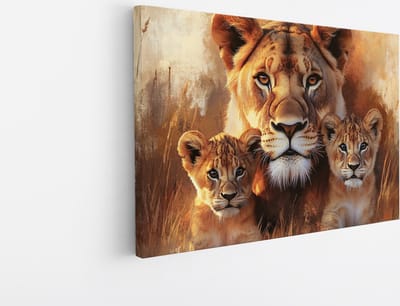 Saammp Canvas Schilderij - Leeuwin met 2 welpen - Dieren - Abstract - 45x30 - Foto op canvas - Wanddecoratie - Muurdecoratie Woonkamer - Slaapkamer decoratie - Canvas Print
