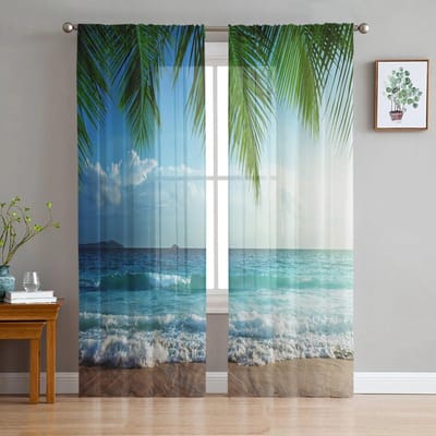 Tropisch Strand Surf Lucht Kokosblad Tule Gordijnen voor Woonkamer Draperieën Raam Transparant Modern Gordijnen voor Slaapkamer Decor 135W x 114H(cm) white