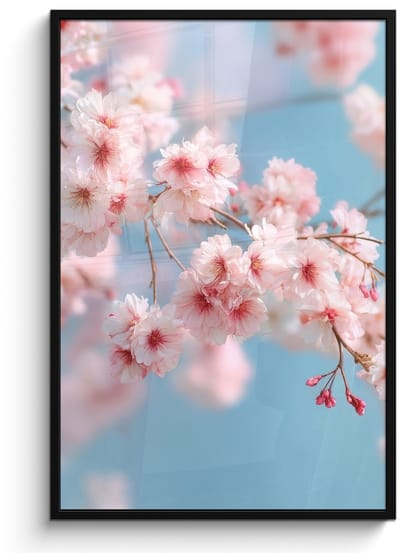 Poster in lijst - Fotolijst 80x120 cm - Posters - Takken - Bloesems - Roze - Posterlijst zwart - Decoratie - Wanddecoratie woonkamer - Muurdecoratie slaapkamer