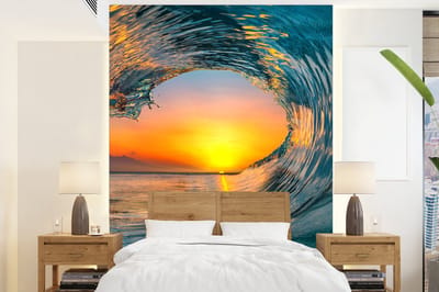 Behang - Fotobehang Zonsondergang - Water - Golf - Oranje - Breedte 205 cm x hoogte 280 cm