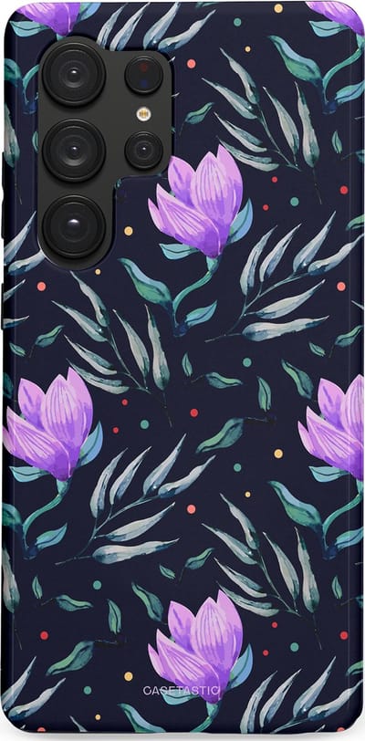 Casetastic hoesje geschikt voor Samsung Galaxy S25 Ultra - Dubbellaagse bescherming - Mystieke bloemenzee - Fashion Case - Donkerblauw Donkergrijs Grijs Lavendel