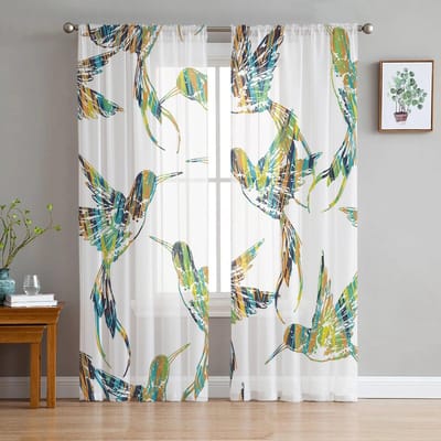 Abstracte Kolibrie Tule Gordijnen Woonkamer Keuken Chiffon Gordijn Slaapkamer Balkon Transparant Gordijn Mode Woondecoratie 135W x 114H(cm) white