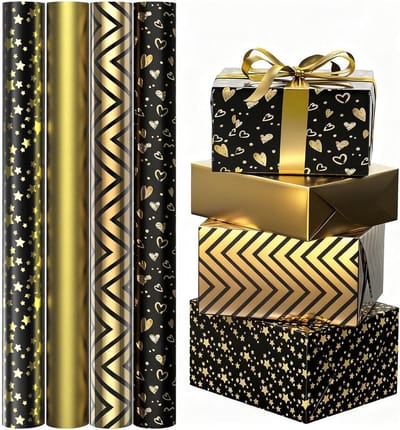 Cadeaupapier Rollen - Inpakpapier Set - Cadeaus Versieren - Heetstempel Design - 4x 43x300cm - Zwart Goud