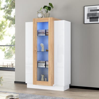 MODFU - Vitrinekast - 3 Deuren En LED-Verlichting - Modern - Voor Woonkamer - Spaanplaat En Acryl - Wit En Naturel - 74 X 40 X 120 Cm